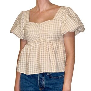 Old Navy Women's Beige Gingham Puff Sleeve Top